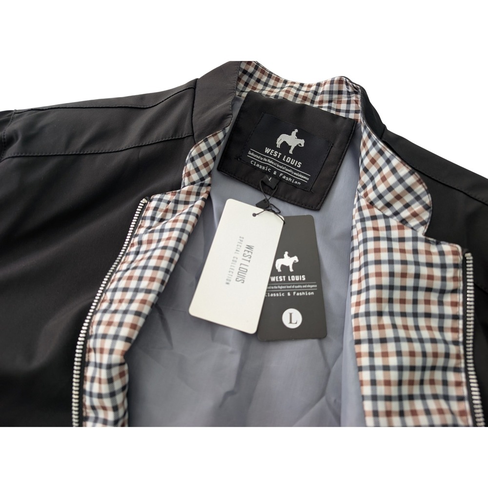West Louis Bomber Jacket Men's L Black Plaid Lined Full Zip Harrington NWT